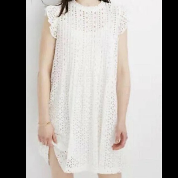 Madewell Dresses & Skirts - Madewell White Eyelet Ruffle-Sleeve Pintuck Mini Dress Size M Slip NOT included